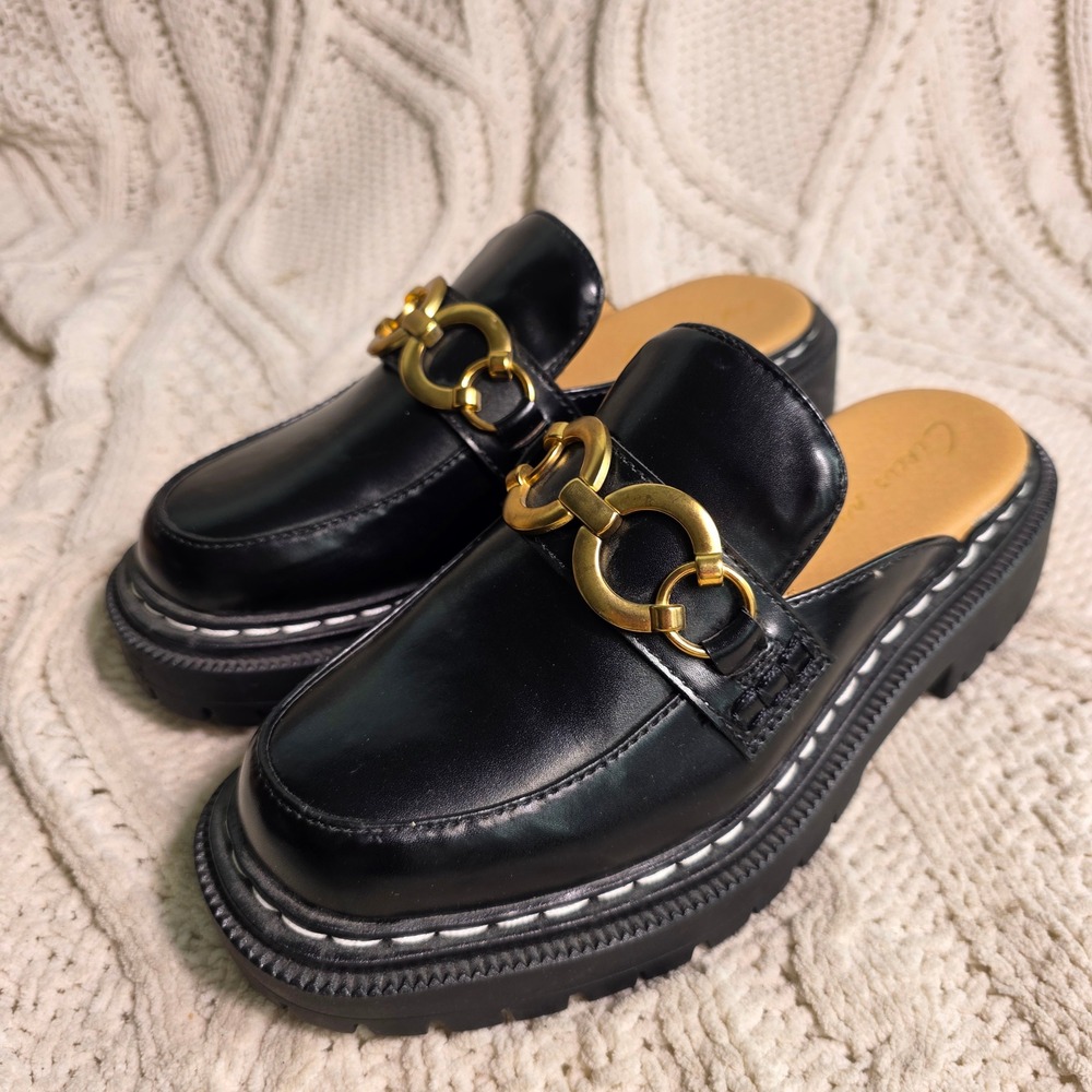 Circus by Sam Edelman Mules Chunky Loafer Black Gold Chain Platform Women 6 NEW - Picture 1 of 7